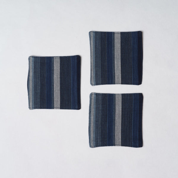 Marukawa Shoten Cotton coaster in blue indigo vertical stripes (3 pack) - Matsusaka Momen