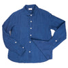 Round collar standard shirt in indigo linen, front with sleeve detail