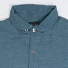 Round collar button tunic in smoke blue silk linen, collar detail