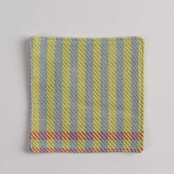 Hand woven cotton coaster - yellow & olive green, front
