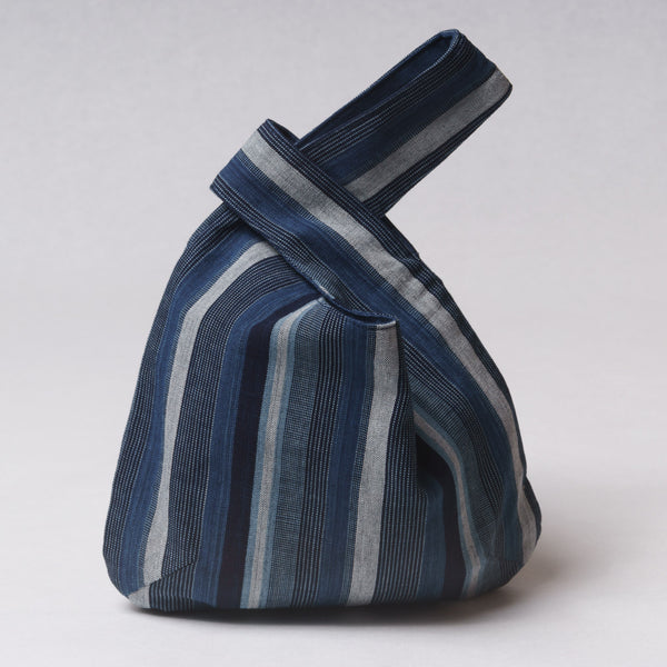 Marukawa Shoten Small cotton bag "Shijimi" in blue indigo vertical stripe - Matsusaka Momen