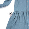 Long sleeved dress in smoke blue European linen with round collar, pocket 2 detail