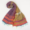 Scarf "Roots Shawl" in wool & cotton - purple & khaki, rolled